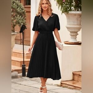 Pretty Garden Faux Wrap  Puff Sleeve Pleated Black Midi Dress XL